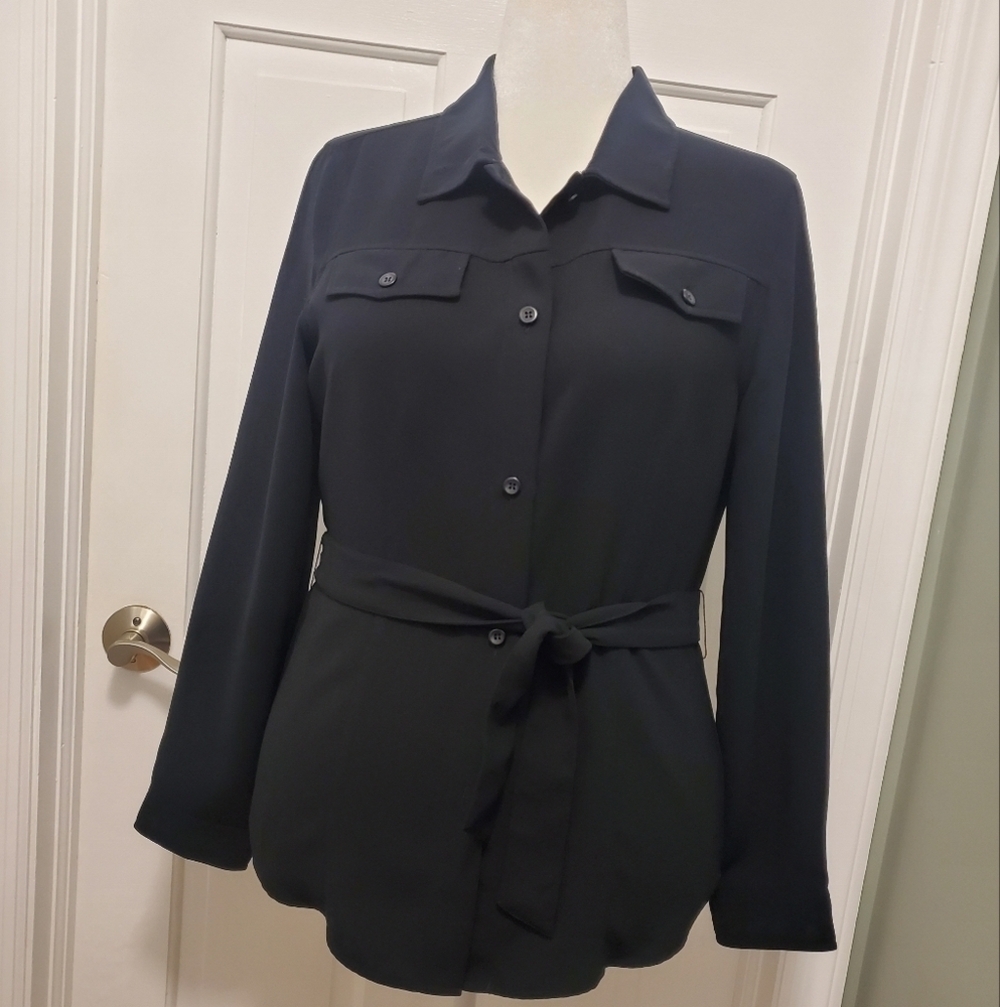 New York & Company Black Button Front With Tie Shirt Size Large